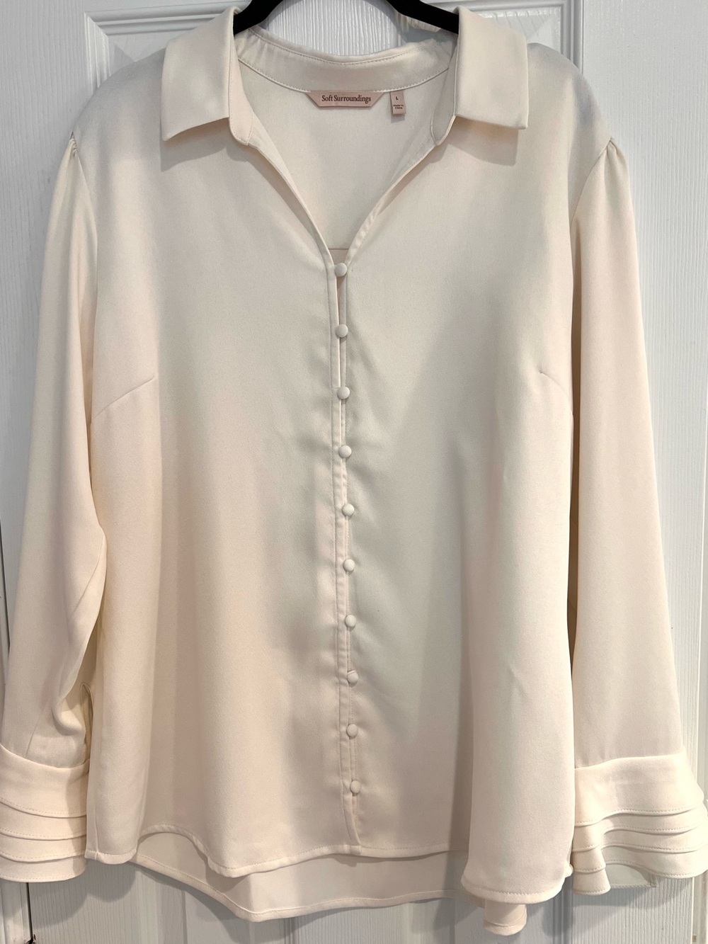 Soft Surroundings Ivory Button Up Collared Blouse Top 2GF63 Ruffle Sleeve L